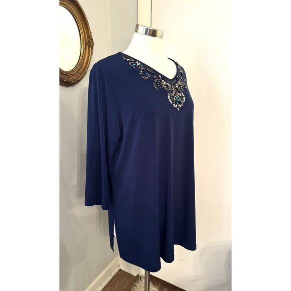 Susan Graver Artisan Top Size XL  Blue Beaded V Neck 3/4 Sleeve Tunic Blouse - Picture 8 of 15